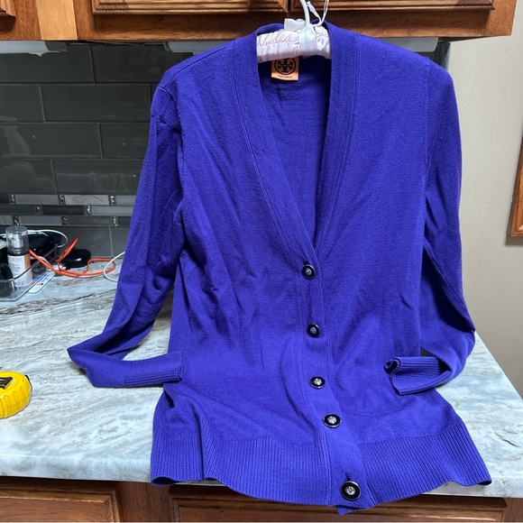TORY BURCH PURPLE10% Merino Wool lightweight cardigan long buttons sz M - Picture 1 of 6